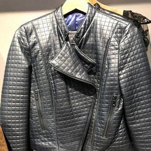 Quilted Navy Leather Motorcycle Jacket and Skirt!
